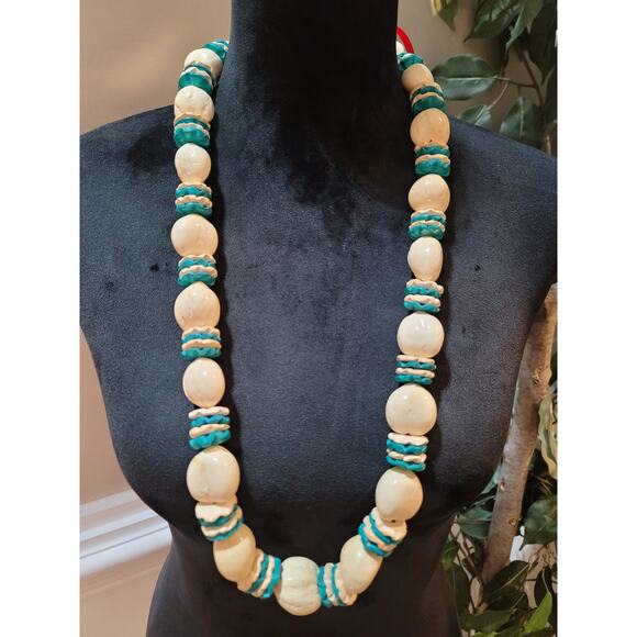 Women's Handmade Beaded Necklace with Turquoise and Cream Beads Unique Design - Picture 1 of 6